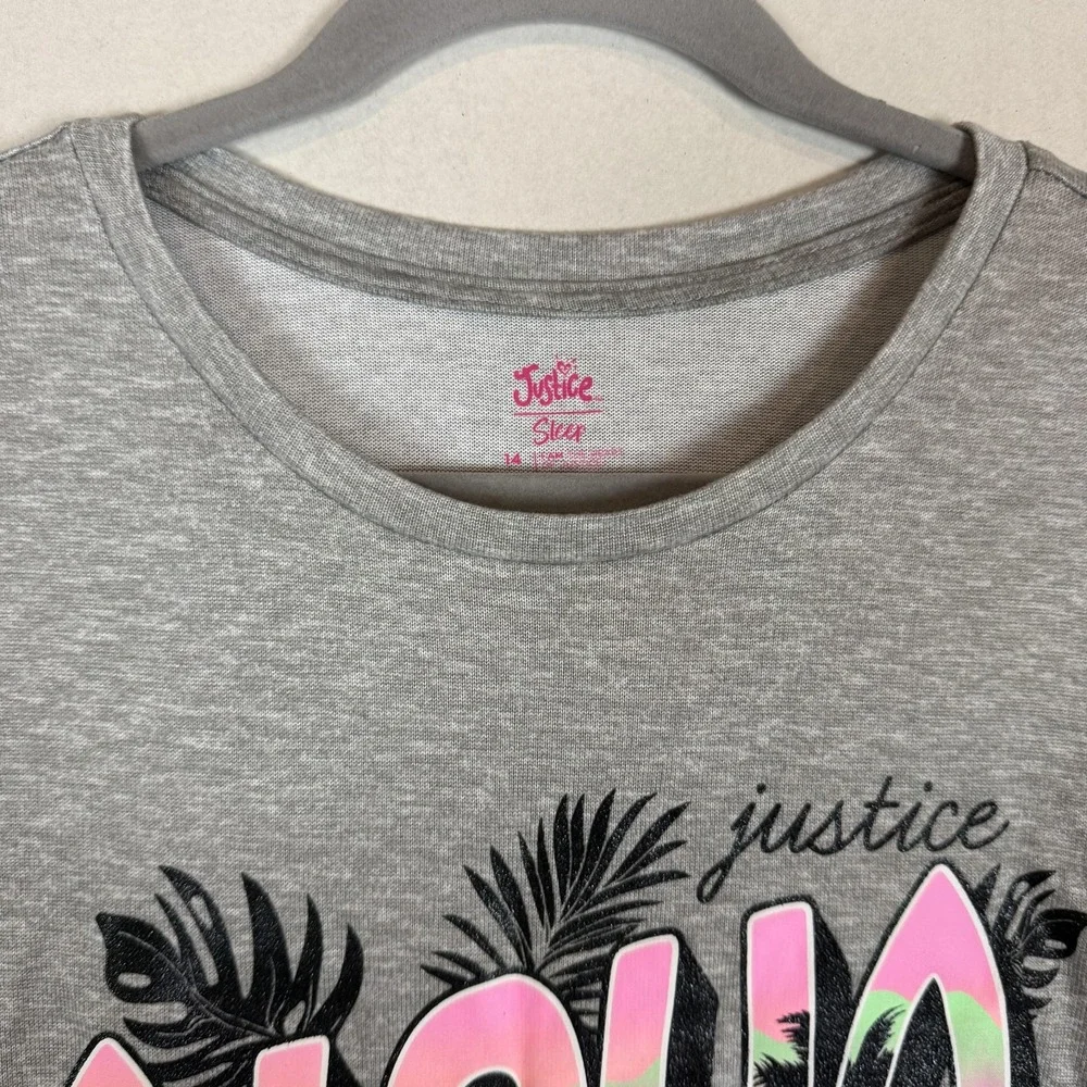 Justice Pajama Top Girls 14 Heather Gray Aloha Hawaii Graphic Sleep Shirt